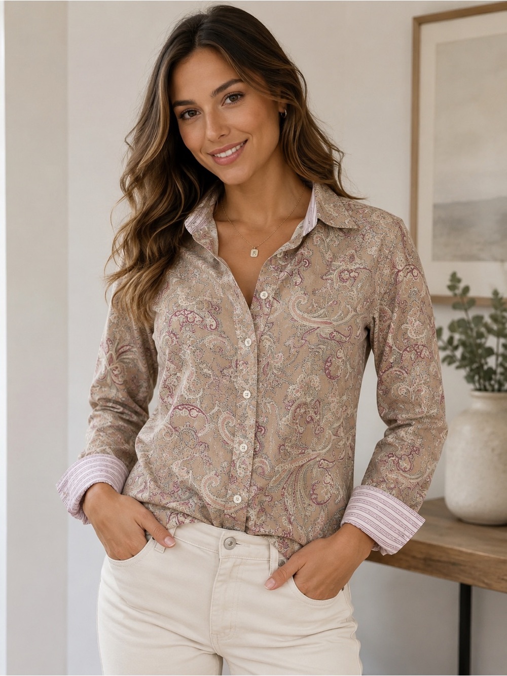 Chaps Womens No Iron Button Up Top XS Tan Pink Paisley Flip Cuff Office Classic - Picture 2 of 7